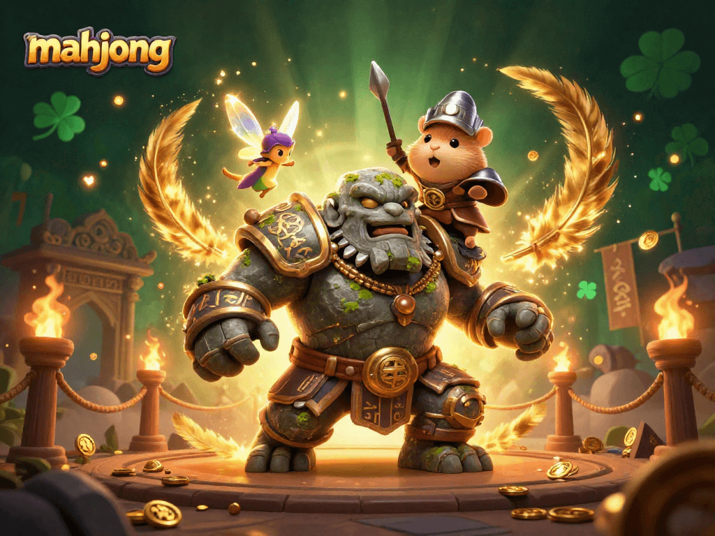 Engage in mahjong with a guardian golem, fairy, and hamster knight in a vibrant casino arena.