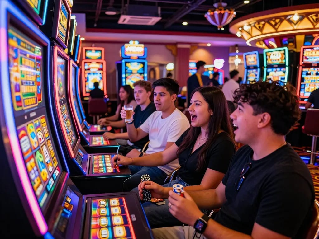 Players enjoying the Lucky 88 slot machine in a lively casino atmosphere, showcasing excitement and engagement.