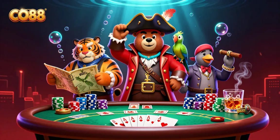 Engage with CO88's thrilling poker adventure featuring a pirate bear and crew amidst colorful casino elements.