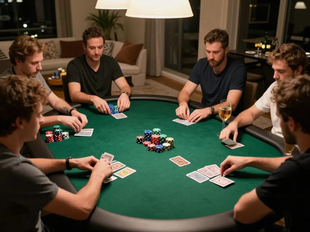 Nyalabet players engaged in strategic poker game at a luxury home setting with focused expressions