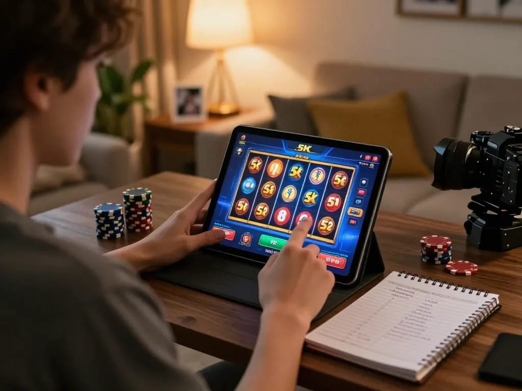 Player engaging in online slot 5k action with vibrant tablet display in cozy home setting