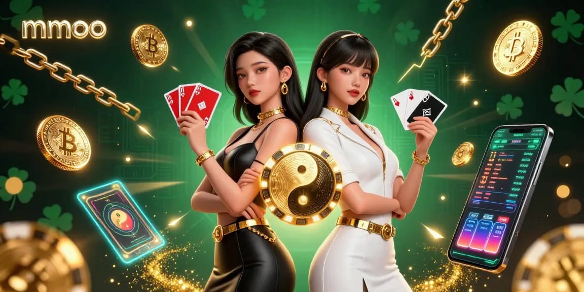 Engage with mmoo's captivating scene featuring twin Asian women showcasing powerful casino elements and crypto icons.