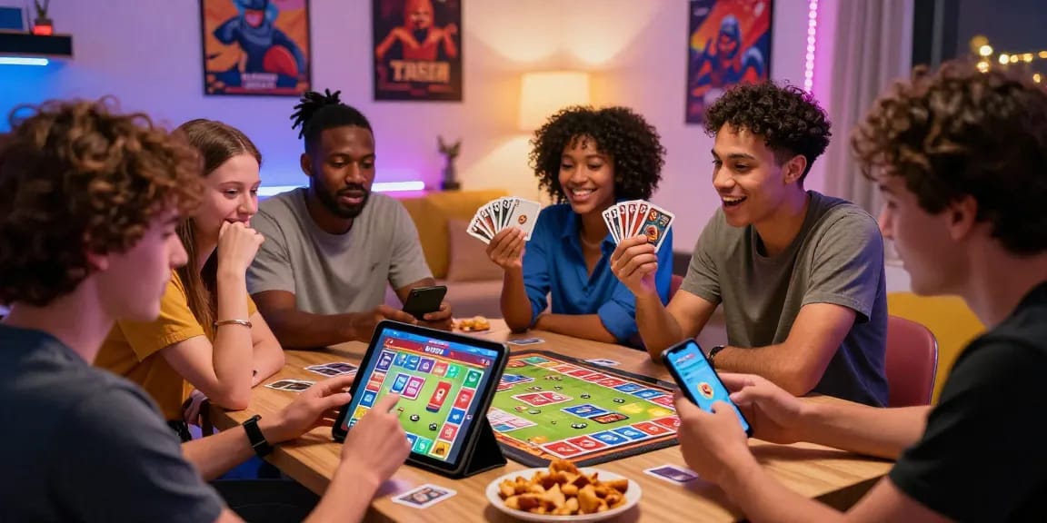 Engaging friends playing an online game of Card Rummy in a cozy living room, showcasing excitement and colorful graphics.