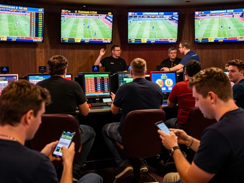 Experience LGOGOAL exciting sports betting atmosphere with fans engaging in live wagering.