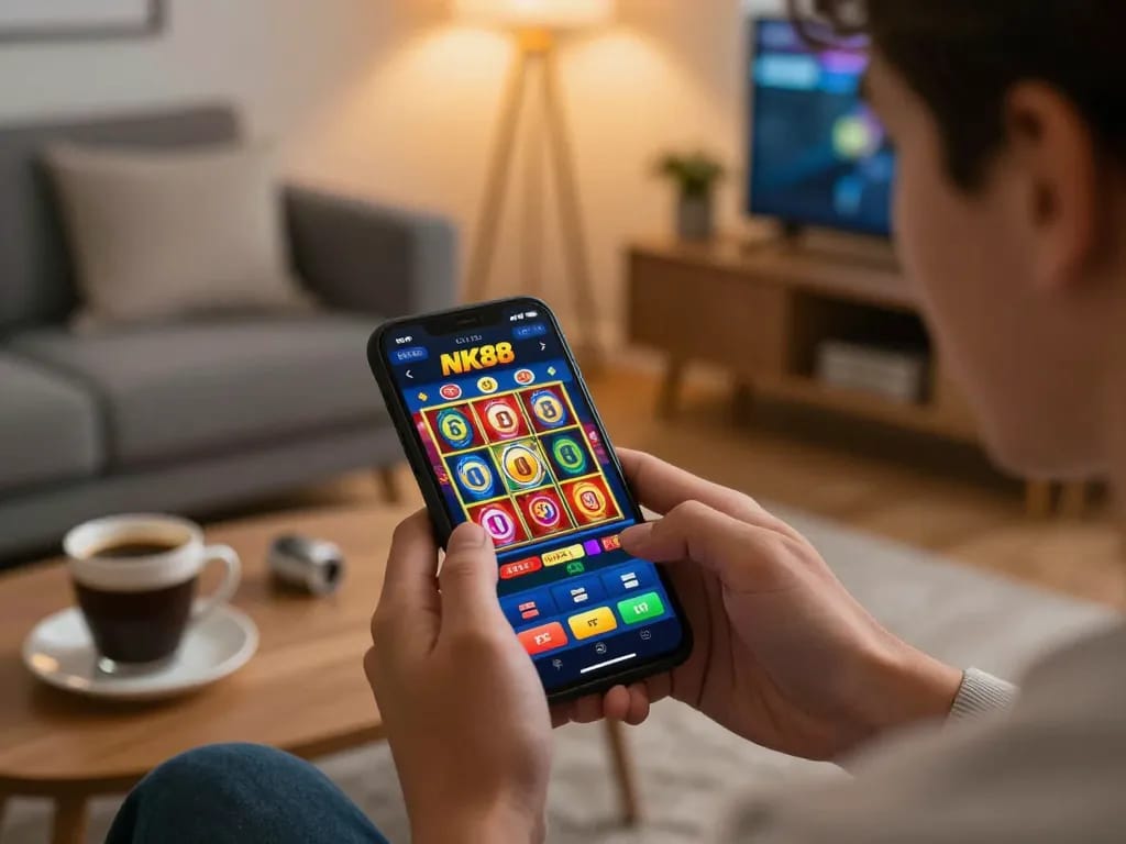 Engaged player experiencing NK88 mobile app for exciting online gambling and slot games.