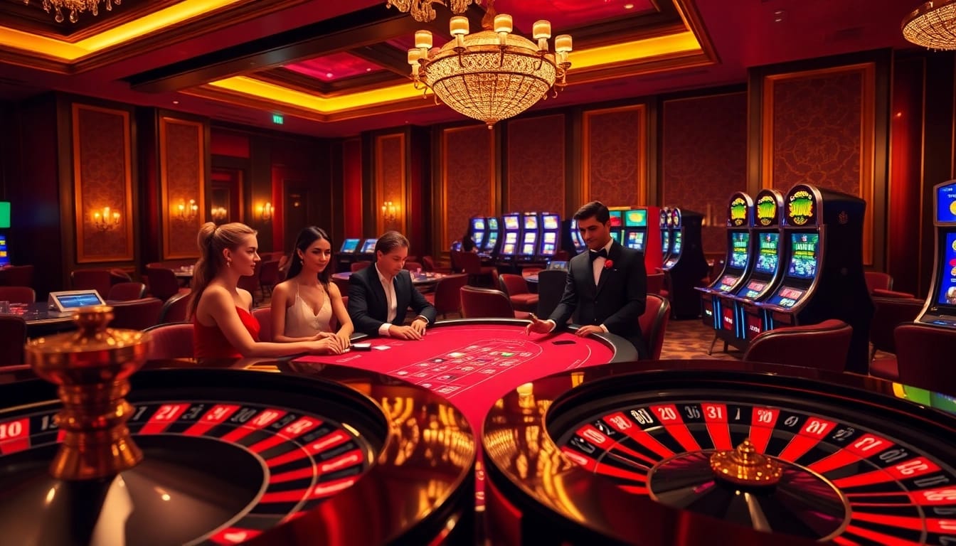 Excited gamblers engaging at the SODO Casino, featuring poker tables and vibrant slot machines.