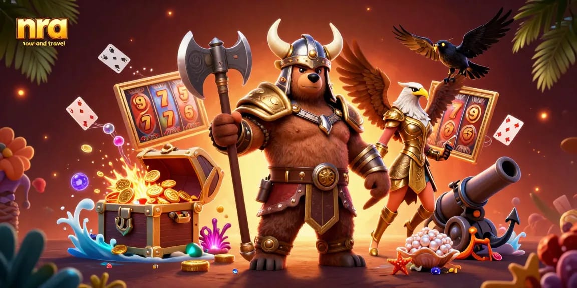 NRA Tour and Travel fans enjoy thrilling gameplay with Viking themes and colorful slot elements in a vibrant scene.