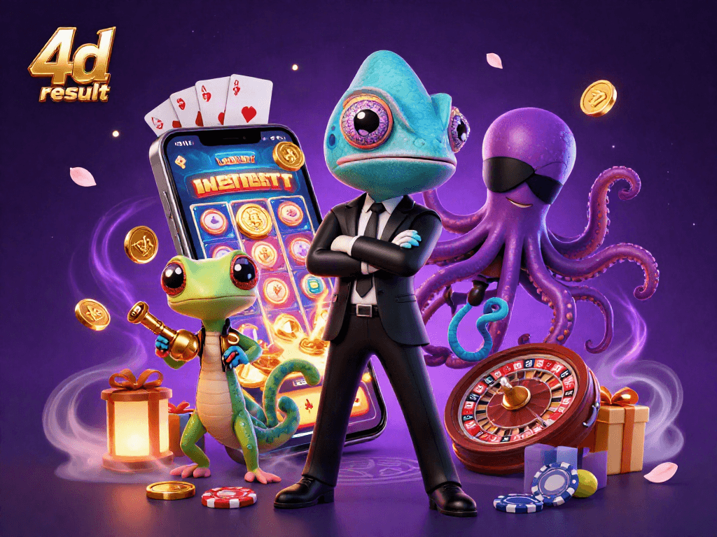 Experience the thrilling 4d result with colorful slot games and dynamic gaming elements in this vibrant illustration.