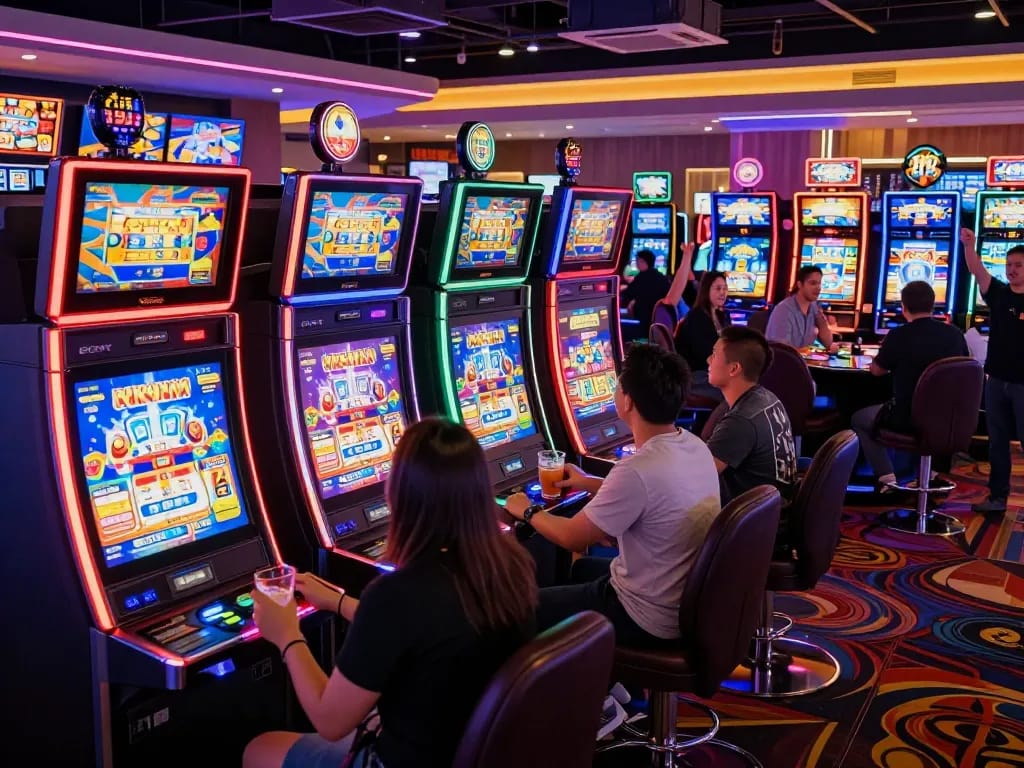 Players enjoying vibrant slot machines at Wstar77 casino, colorful and lively gambling atmosphere.