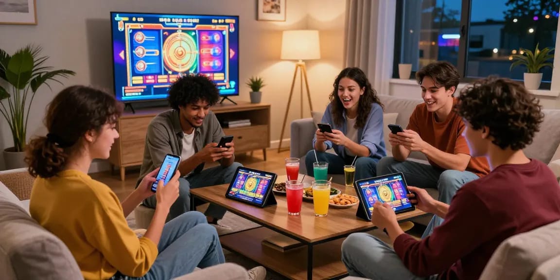 Play online with friends in a cozy living room setting, enjoying slot games and snacks.