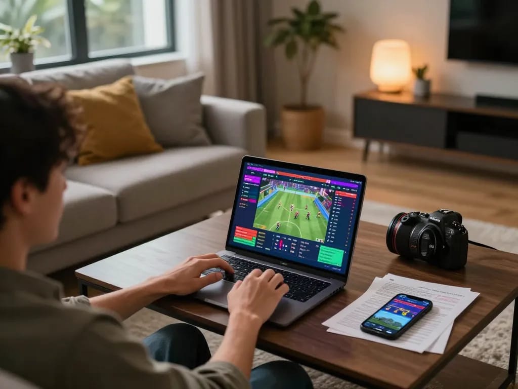 Cakhiatv user engaging in online sports betting at home with laptop and notes.