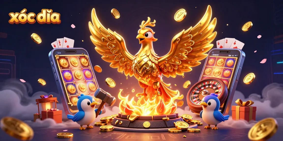 Xóc đĩa engaging scene with golden phoenix, slot games, and gaming elements bursting with action.
