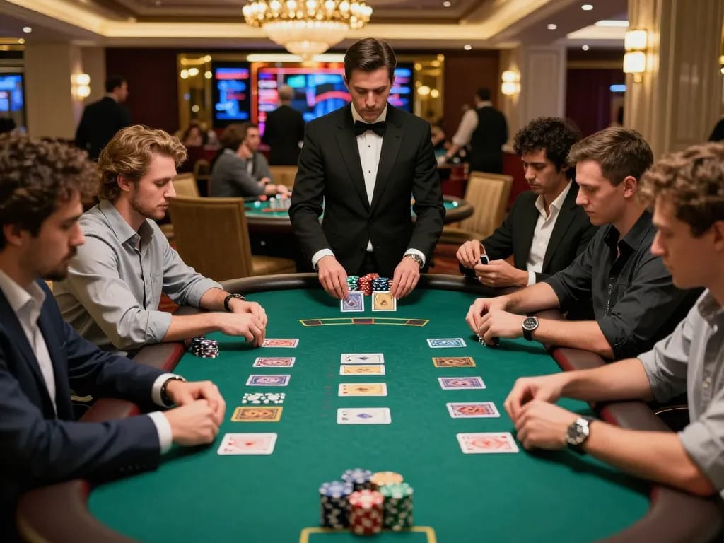 KJC players strategizing during an intense blackjack game in a vibrant casino atmosphere.