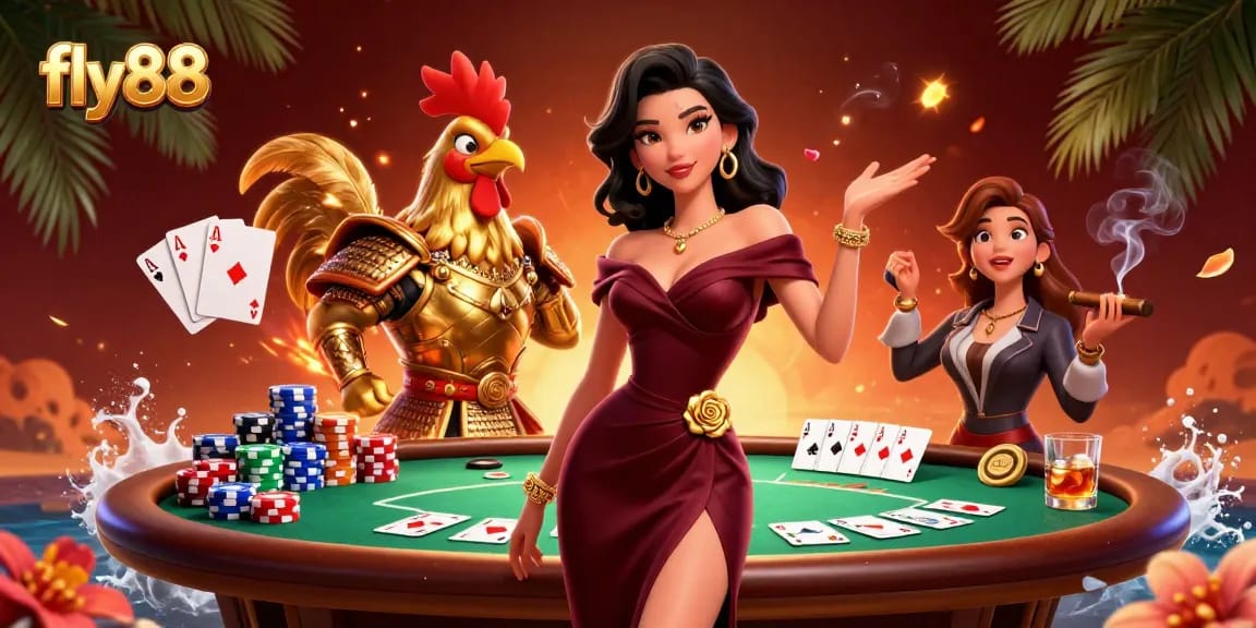 Experience the thrill of fly88 with a glamorous casino scene featuring dynamic poker gameplay elements.