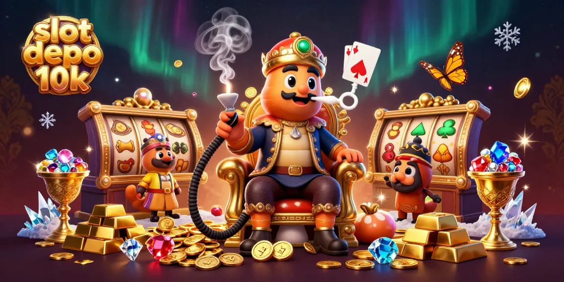 Spin to win with slot depo 10k, as characters enjoy a lavish jackpot celebration with golden treasures.