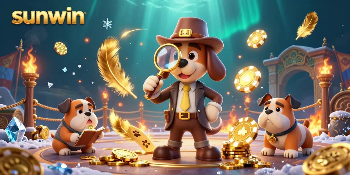 Engage with sunwin's thrilling atmosphere through a vibrant 3D casino illustration featuring a detective and his companion amidst poker chips and treasure.