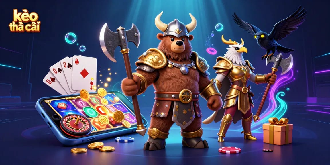 Engage in kèo nhà cái strategies with dynamic 3D gambling scene featuring a Viking bear, Valkyrie eagle, and gambling elements.
