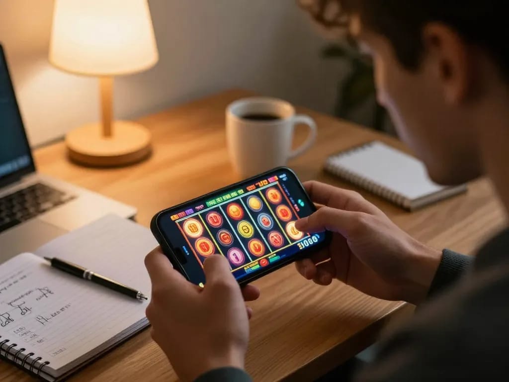 Player engages with an adobet88 slot game on smartphone, showcasing vibrant graphics and strategic gameplay.