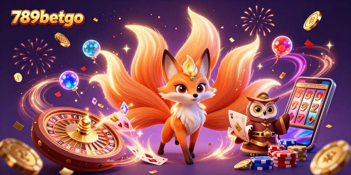 Experience the excitement of 789betgo with a vibrant casino scene featuring a mystical fox and wise owl amidst glowing chips, cards, and coins.
