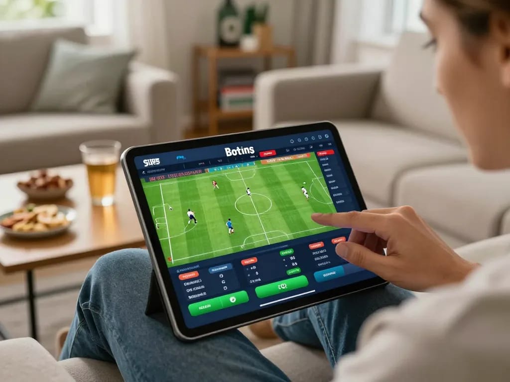 Engaging in online sports betting with tỷ lệ bóng đá kèo nhà cái displayed on tablet screen, capturing strategic focus and excitement.