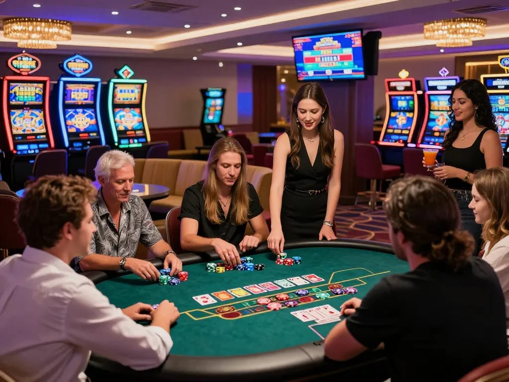 Exciting gaming atmosphere at 789win casino with lively players and vibrant ambiance.