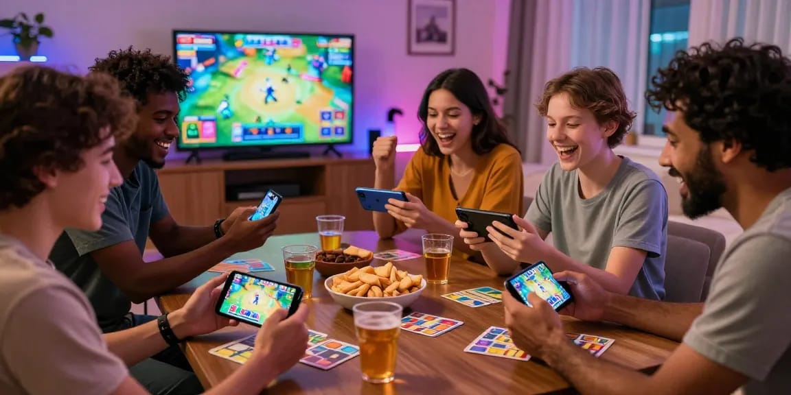 Friends playing online game Card Rummy APK with excitement in a cozy living room.