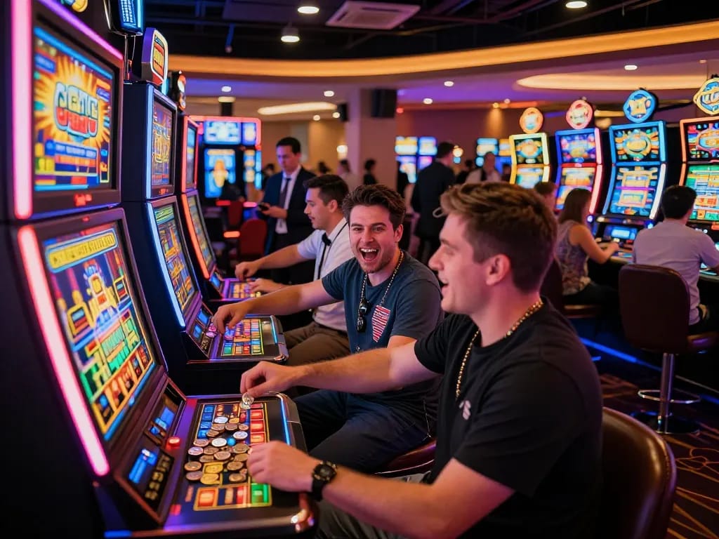 Players celebrating a win at the rr88 casino floor with vibrant slot machines and lively atmosphere.