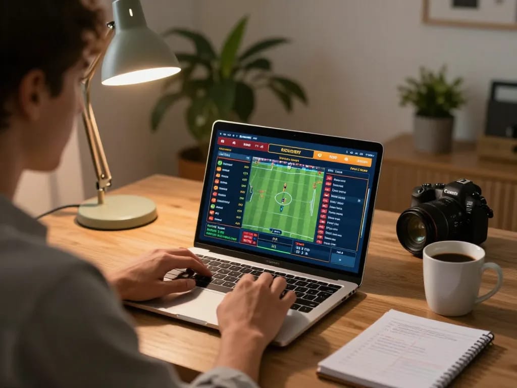 Experience strategic sports betting with SKY88 on a modern laptop within a cozy home office.