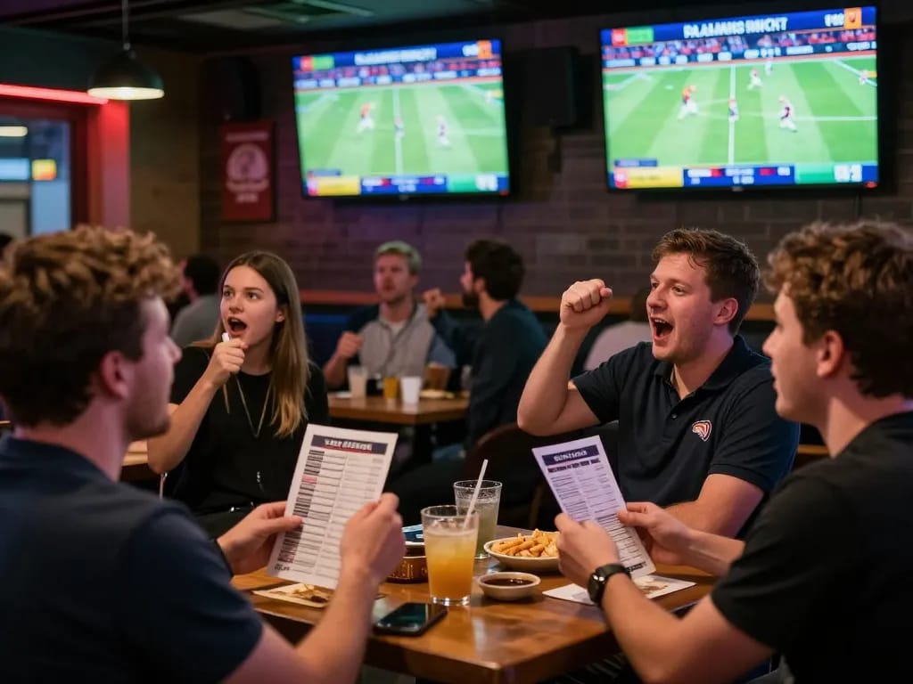 Fans engaging in lively sports betting excitement at bong99, with betting slips visible and screens displaying games.