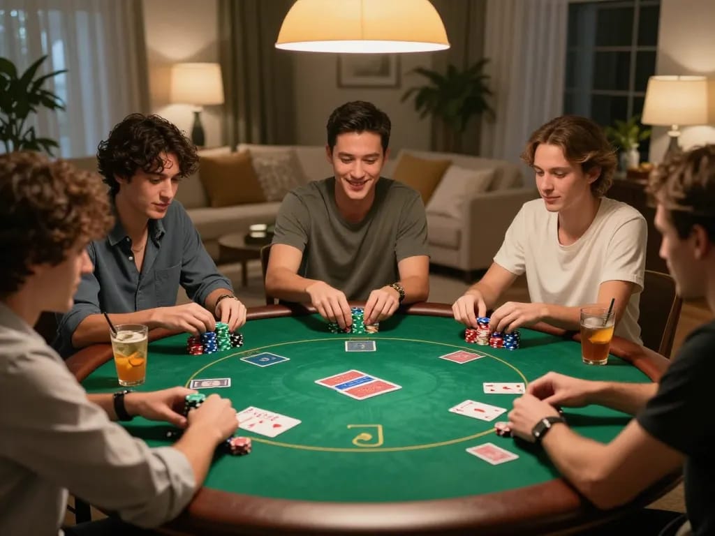 IWIN poker night with friends showcasing lively gameplay and strategic Texas Hold'em cards.