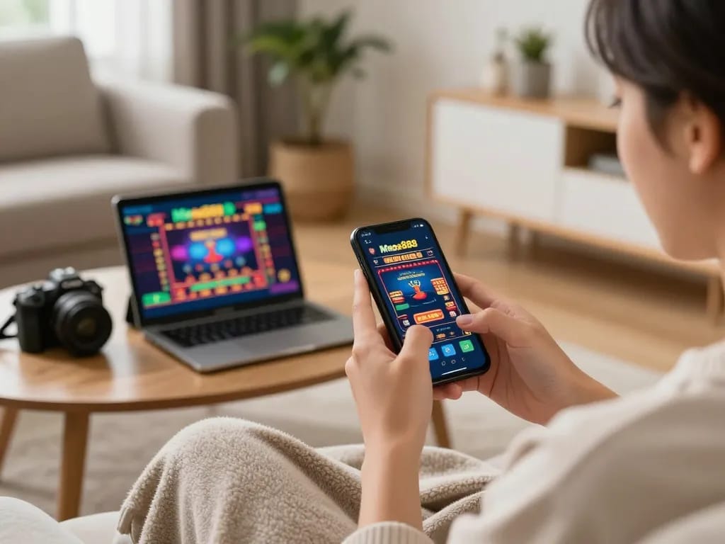 Engaged player using mega888 app on smartphone at home for an exciting gaming experience.