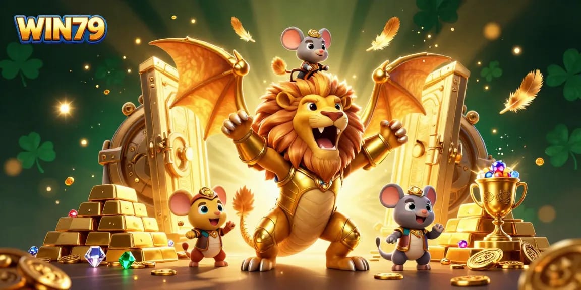WIN79 delivers exhilarating gaming experiences featuring a triumphant chimera in golden armor surrounded by treasure.