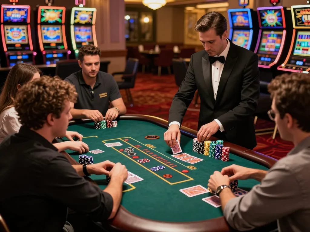 macan33 players engaging at a bustling blackjack table with vibrant atmosphere and strategic gameplay