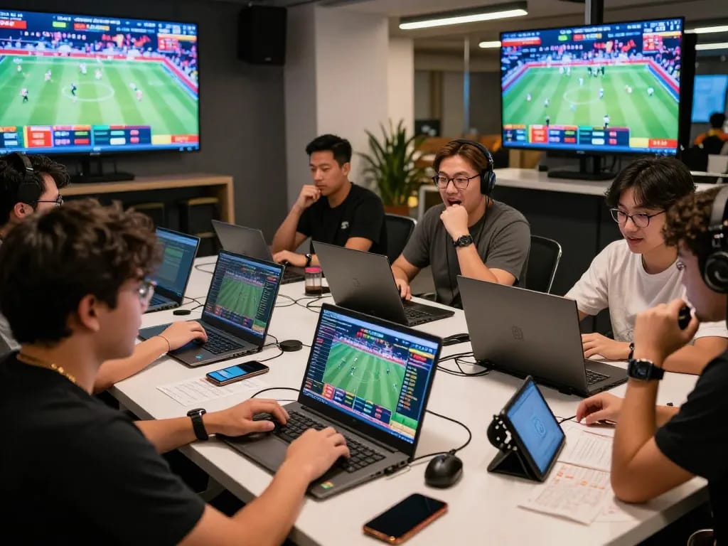 Dynamic online gambling scene with users engaging in bong99 betting platform activities in vibrant urban lounge