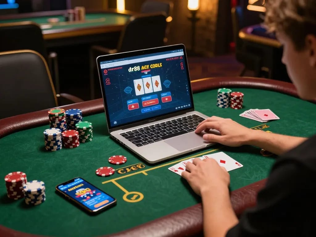 Engaged player using dr88 online casino app on laptop surrounded by gaming essentials.