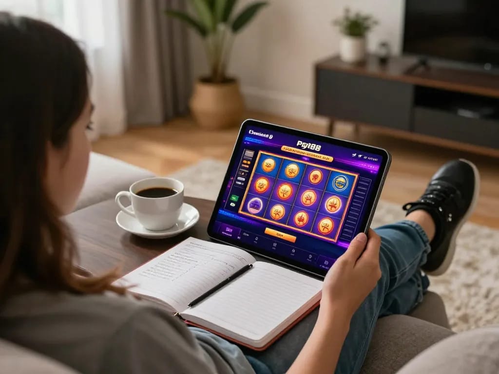 A player enjoying pg88 online slots on a tablet in a cozy living room, showcasing a vibrant gaming atmosphere.