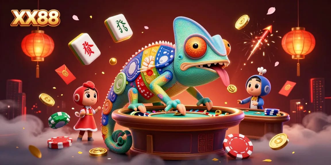 Experience the thrill of XX88 with a vibrant casino scene, featuring the chameleon casino owner amidst dynamic gaming elements.