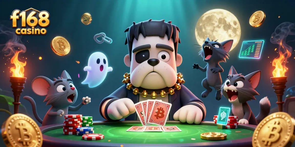 Experience the thrill of the f168 casino with a lively scene of a bulldog dealer, ghost mouse, and kitten amid vibrant crypto elements.