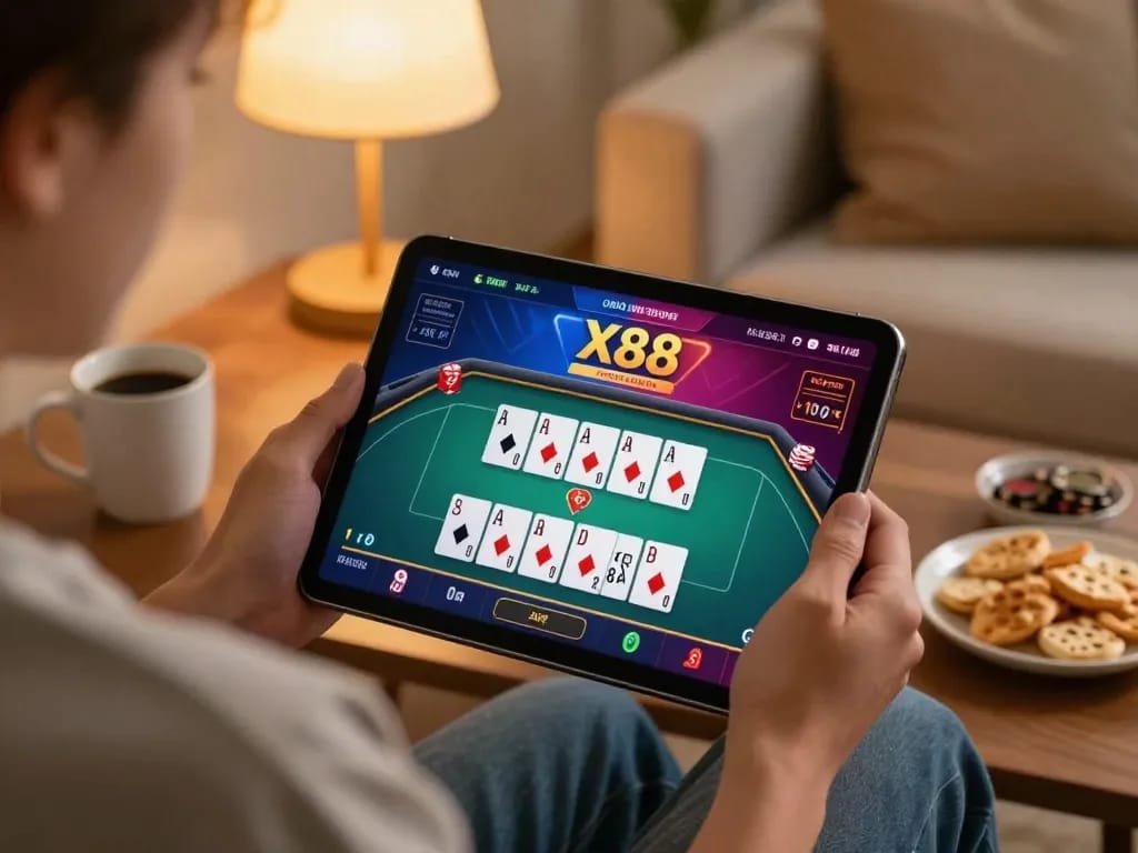 X88 online gambling experience on tablet in cozy home setting with poker game interface.