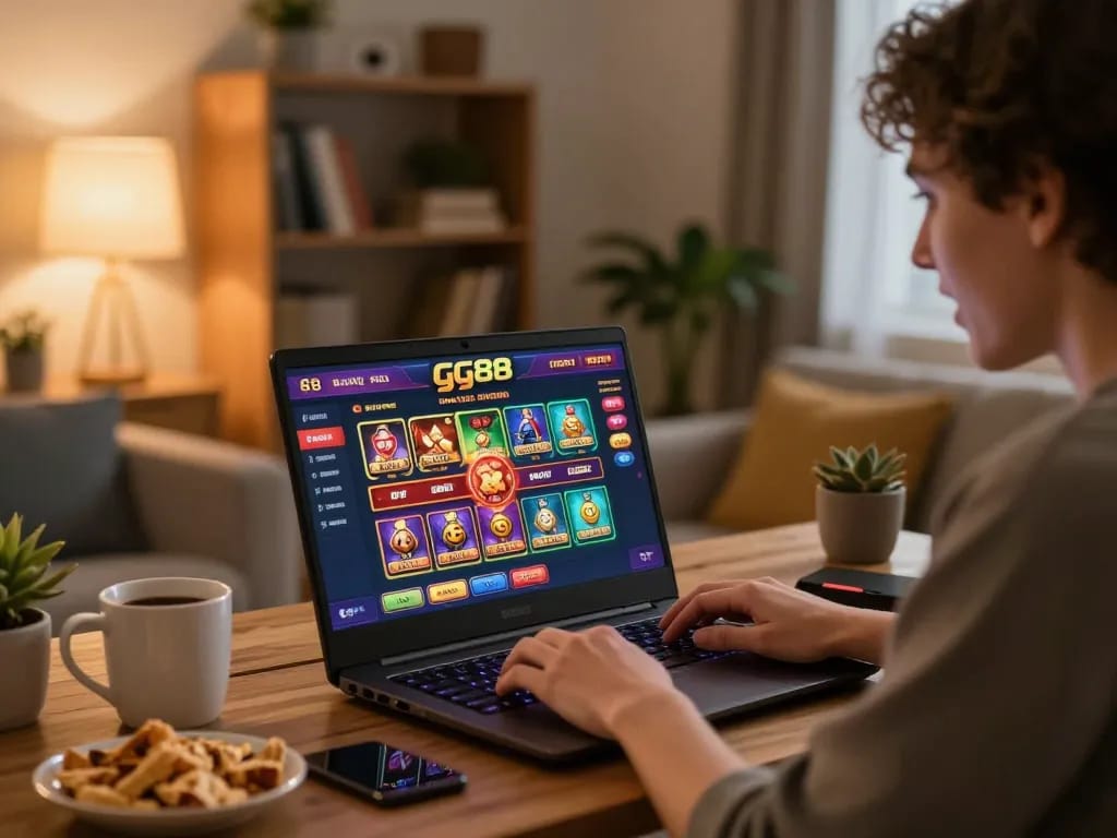 Player engaging with gg88 online casino on laptop in cozy home environment.