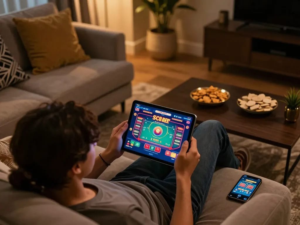 Engaging in SC88 BET gaming session on a tablet in a cozy home setting.