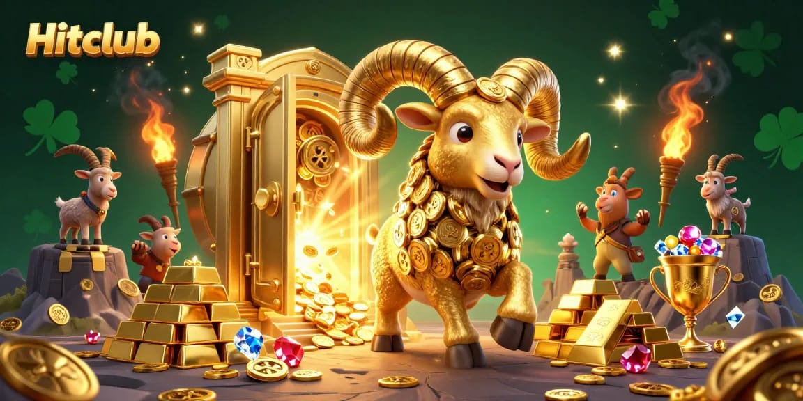 Hitclub showcases a massive golden ram charging toward a treasure vault, symbolizing gambling excitement.