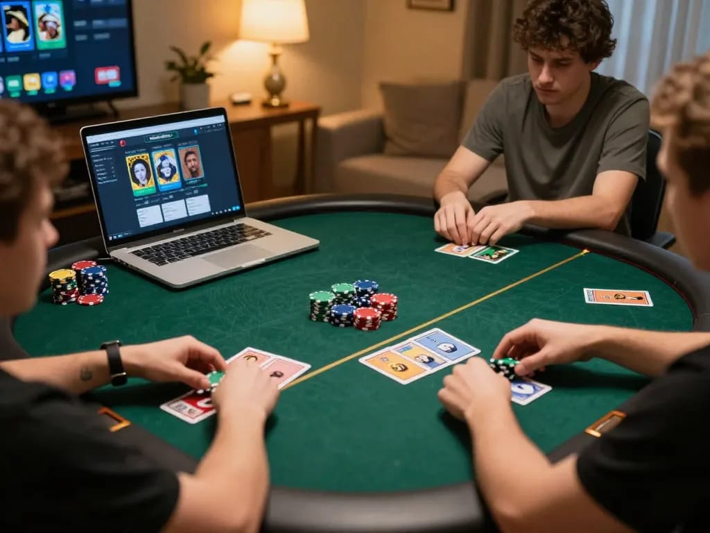 Players engaging in an online poker game on max88tv platform with vibrant cards and chips.