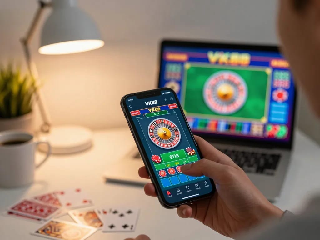 Engaging gameplay on VK88 app with digital roulette wheel, showcasing at-home gaming experience.