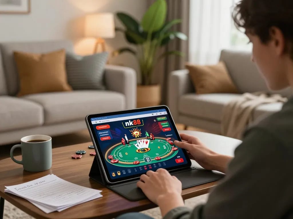 Engaged player accessing nk88 casino app in a stylish home gaming setup, conveying excitement