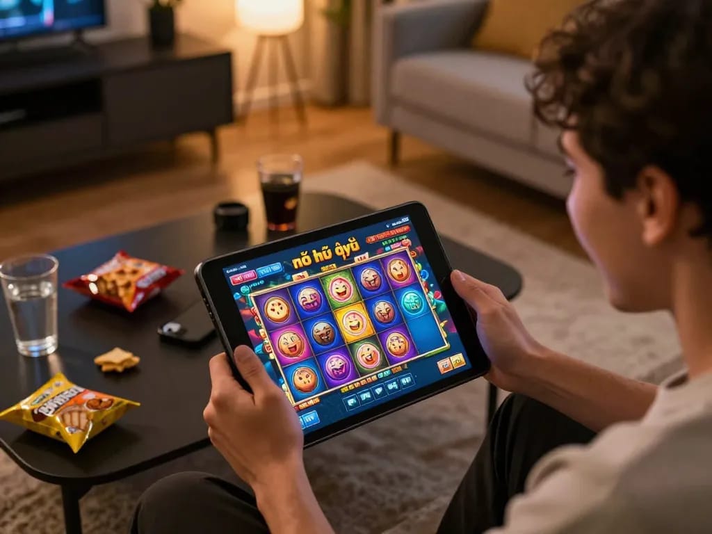 Engaging in nổ hũ đổi thưởng on a tablet in a cozy home setting, showcasing an immersive online gaming experience.