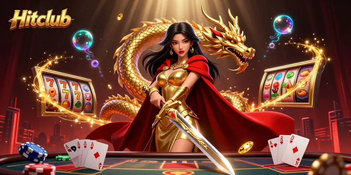 Hitclub captivates players with a stunning 3D casino scene featuring a warrior queen and dynamic poker elements.