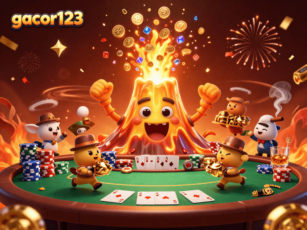 Experience excitement with gacor123 as the golden volcano erupts coins during a casino showdown.