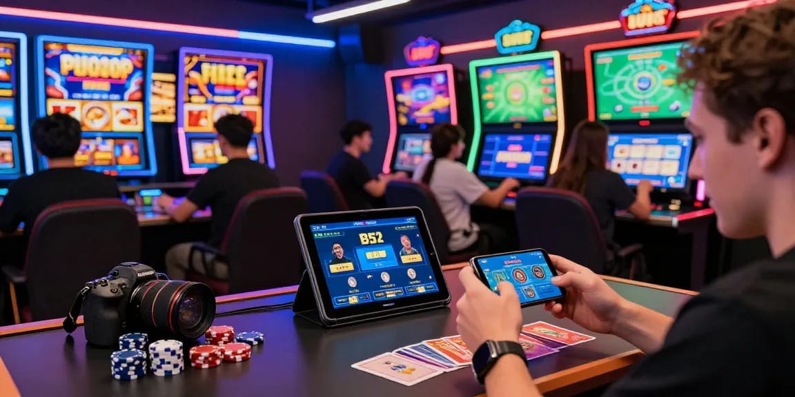 Players engaging with the B52 gaming platform in a vibrant, interactive online environment with colorful screens and accessories.