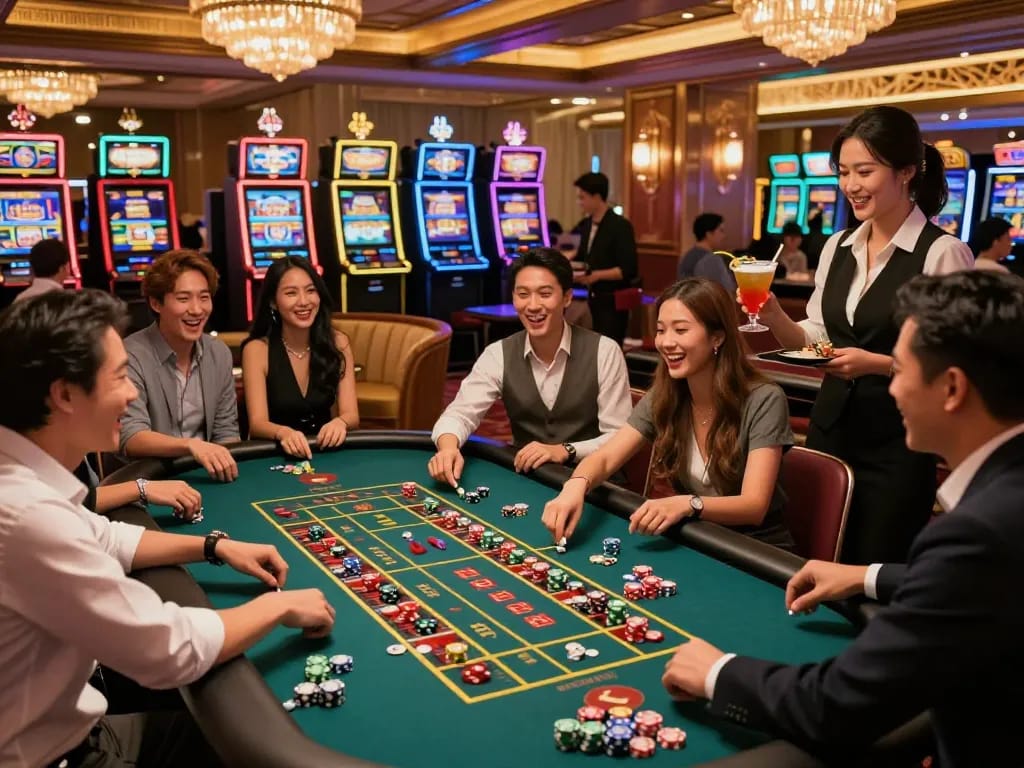 Casino Hong Kong nightlife with friends celebrating at a roulette table amidst vibrant lights and luxurious decor.